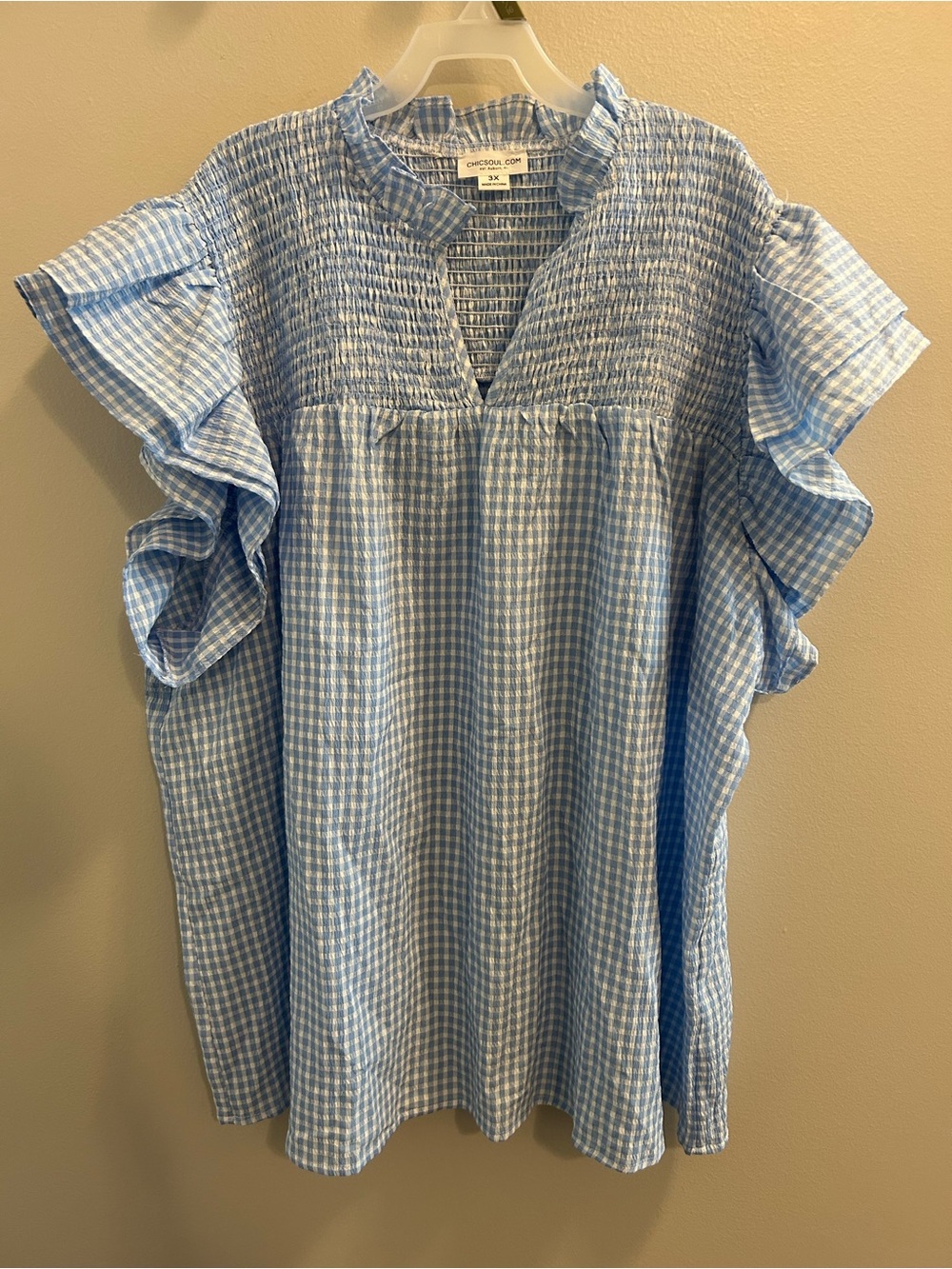 Blue Gingham Smocked Ruffle Blouse 3X